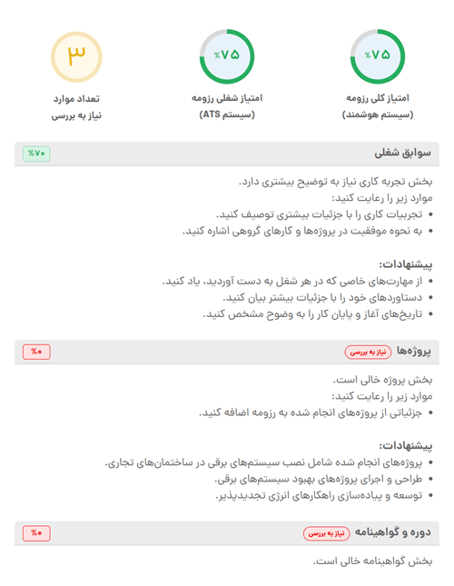 نمونه گزارش کارشناسی رزومه مهندس برق